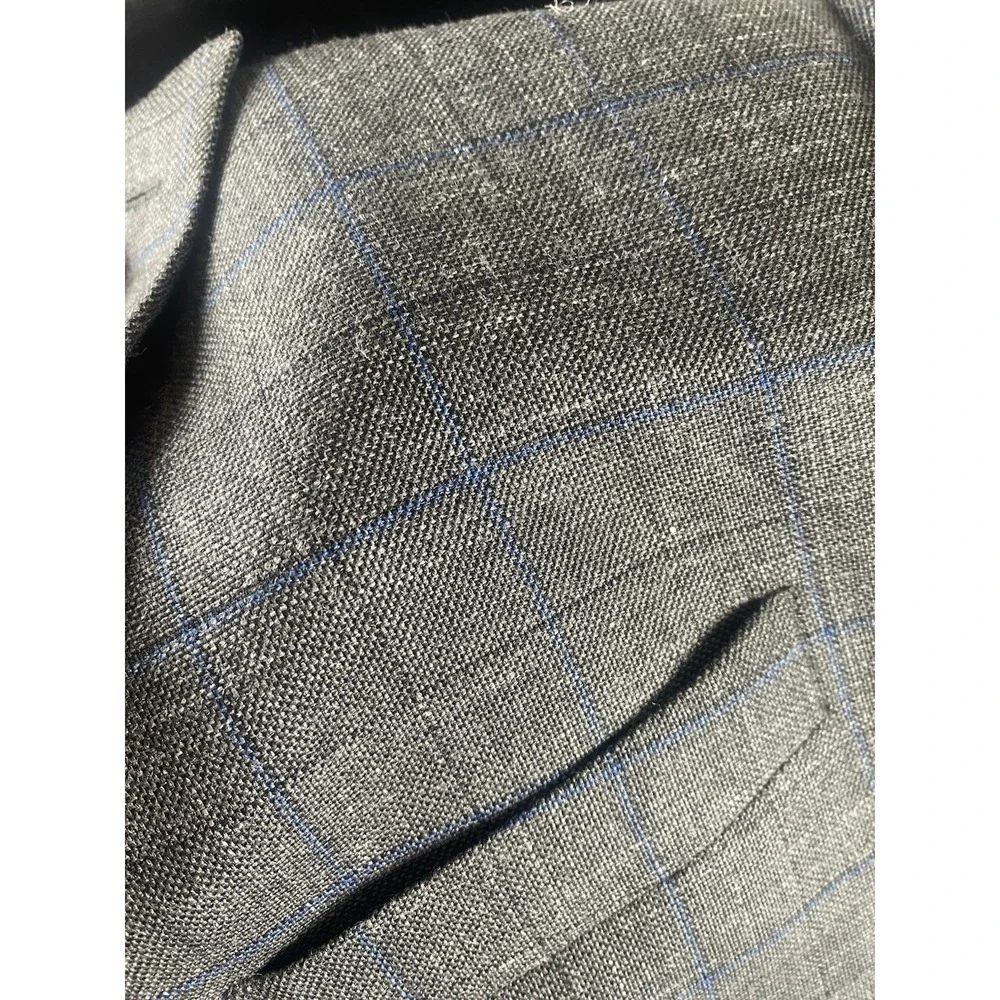 Lauren Ralph Lauren Gray/Blue Window Pane Blazer Mens 44R Wool/Silk/Linen Preppy
